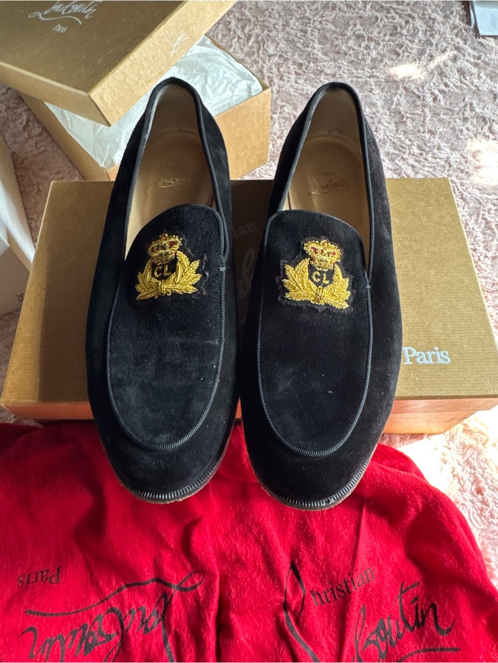 Christian Louboutin Black Velvet Loafers with Gold Crest Embroidery